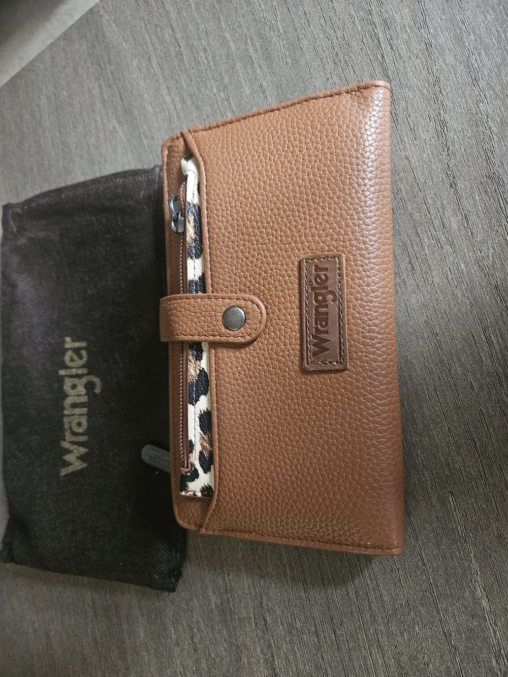 Wrangler Brown Faux Leather Wallet with Leopard Removeable Coin Pouch NWT